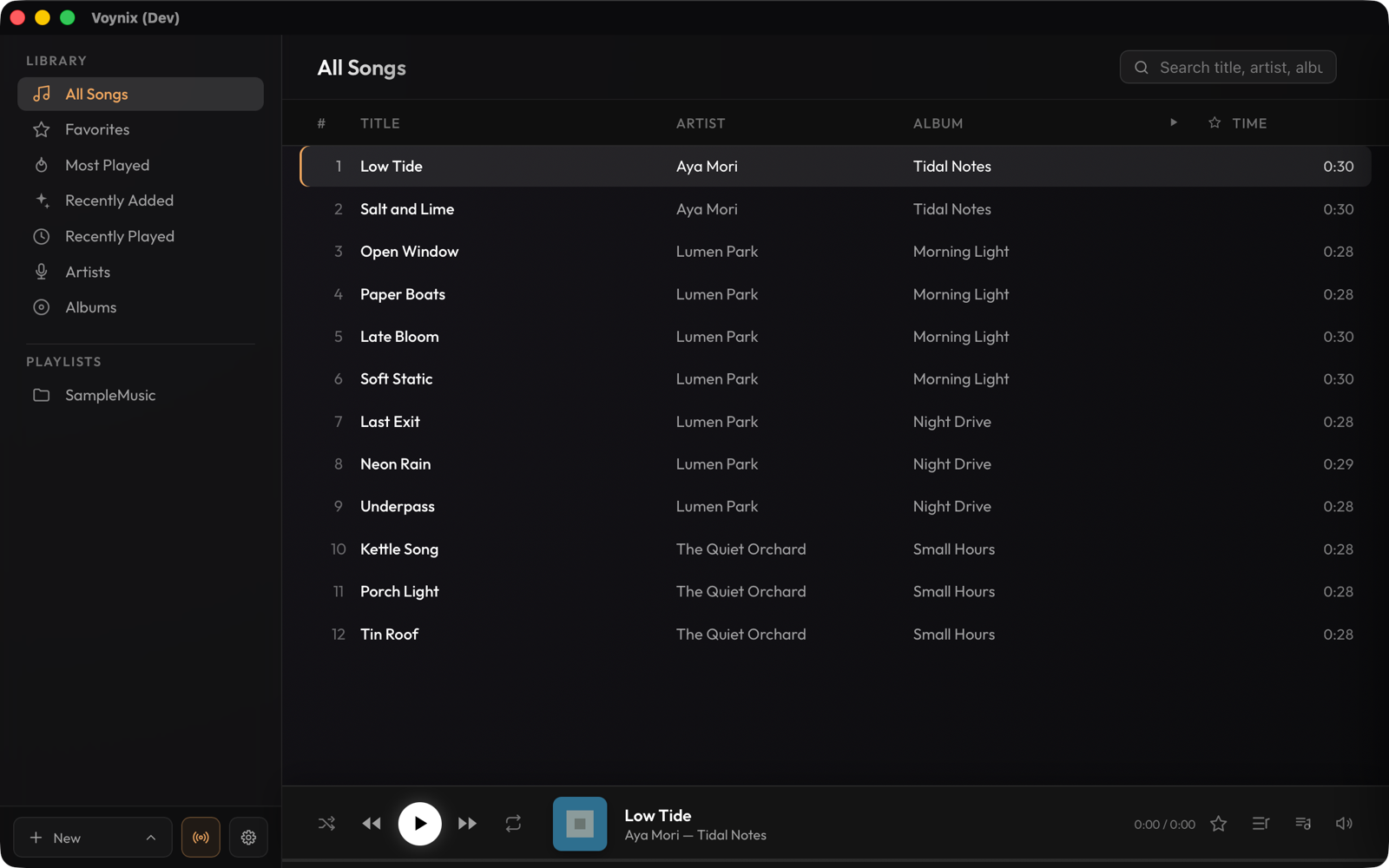 The library on Mac: all songs with artist, album and duration