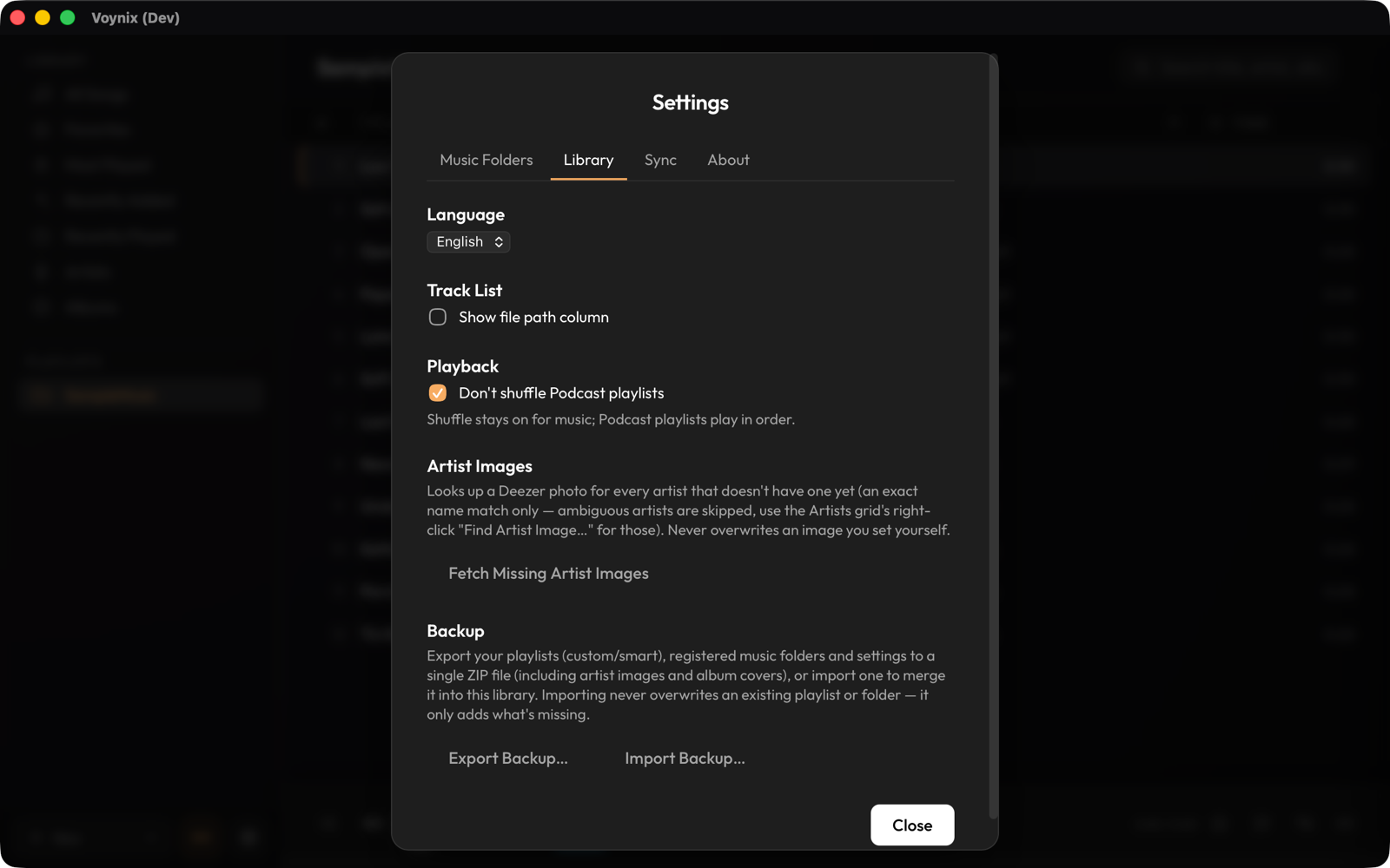Settings → Library, with the language setting and backup buttons